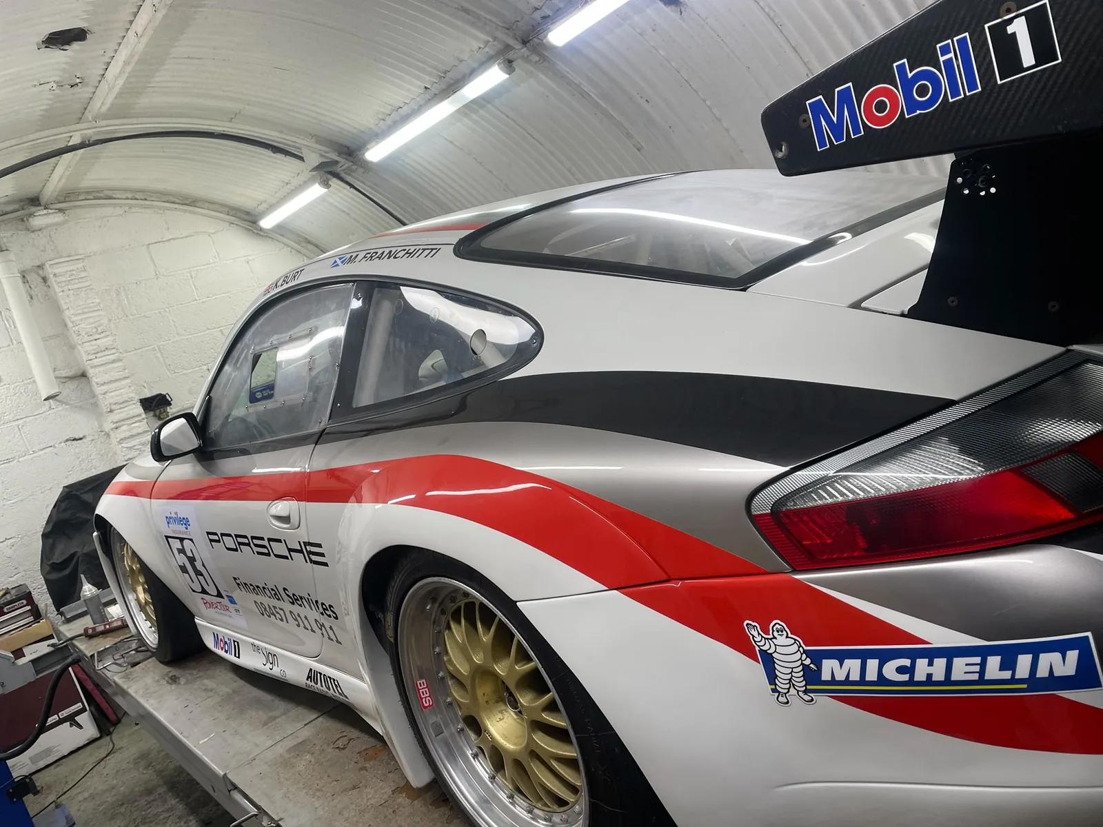 Porsche 911 race car in the Welch Automotive workshop