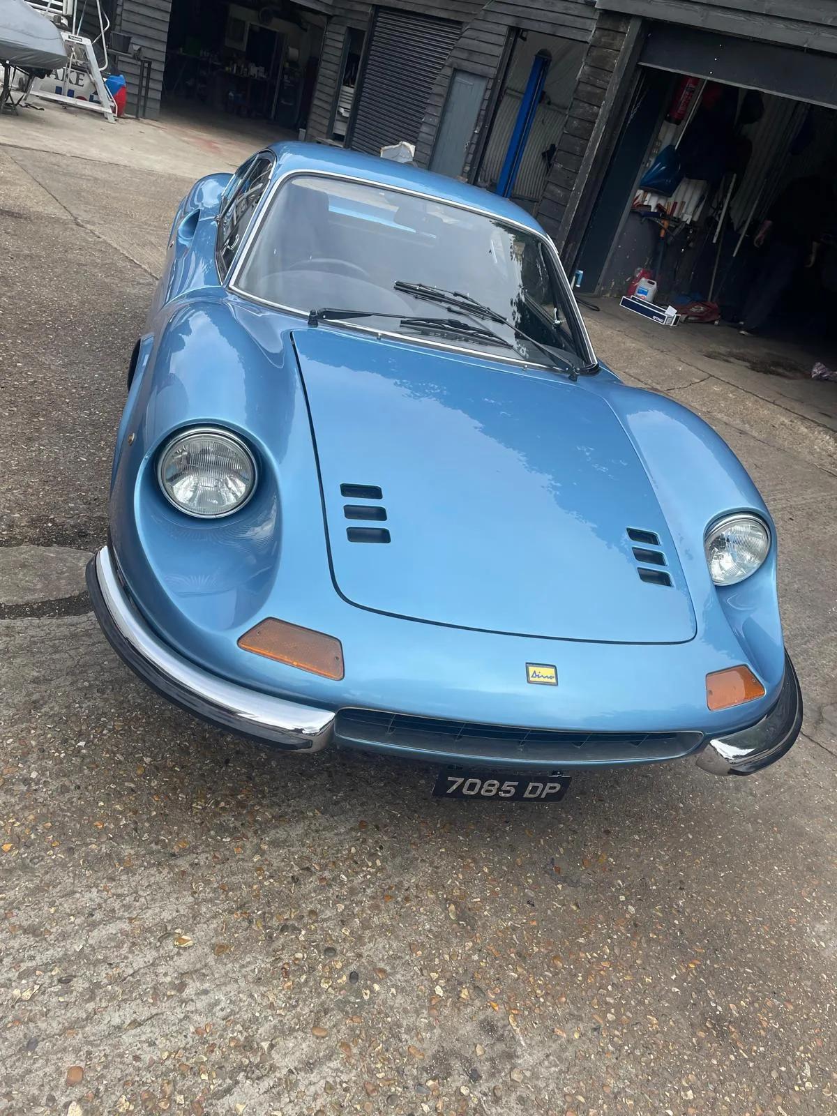 Light blue Ferrari Dino 246 GT in restoration at Welch Automotive
